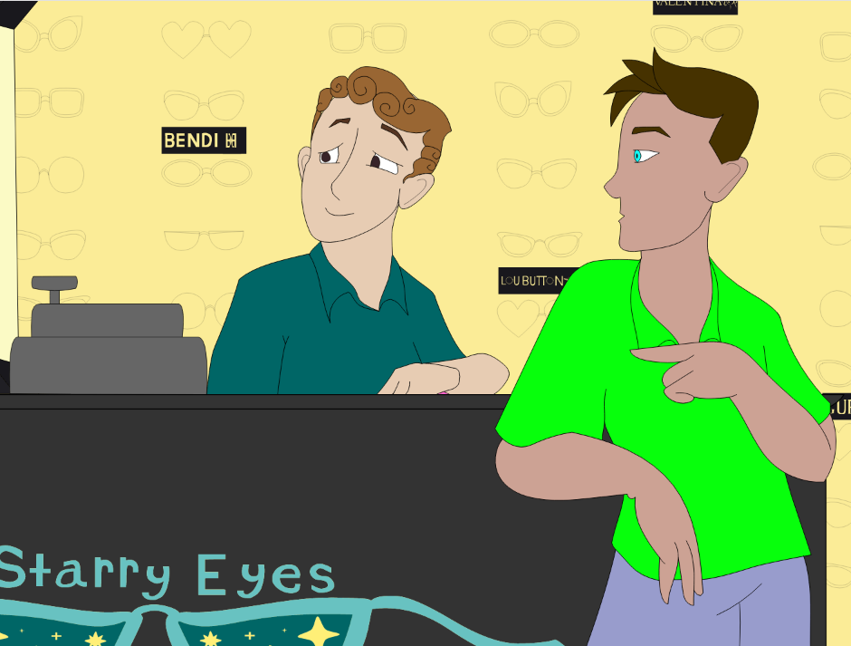 Avatar pointing to the salesclerk an item they want in an eyeglass store